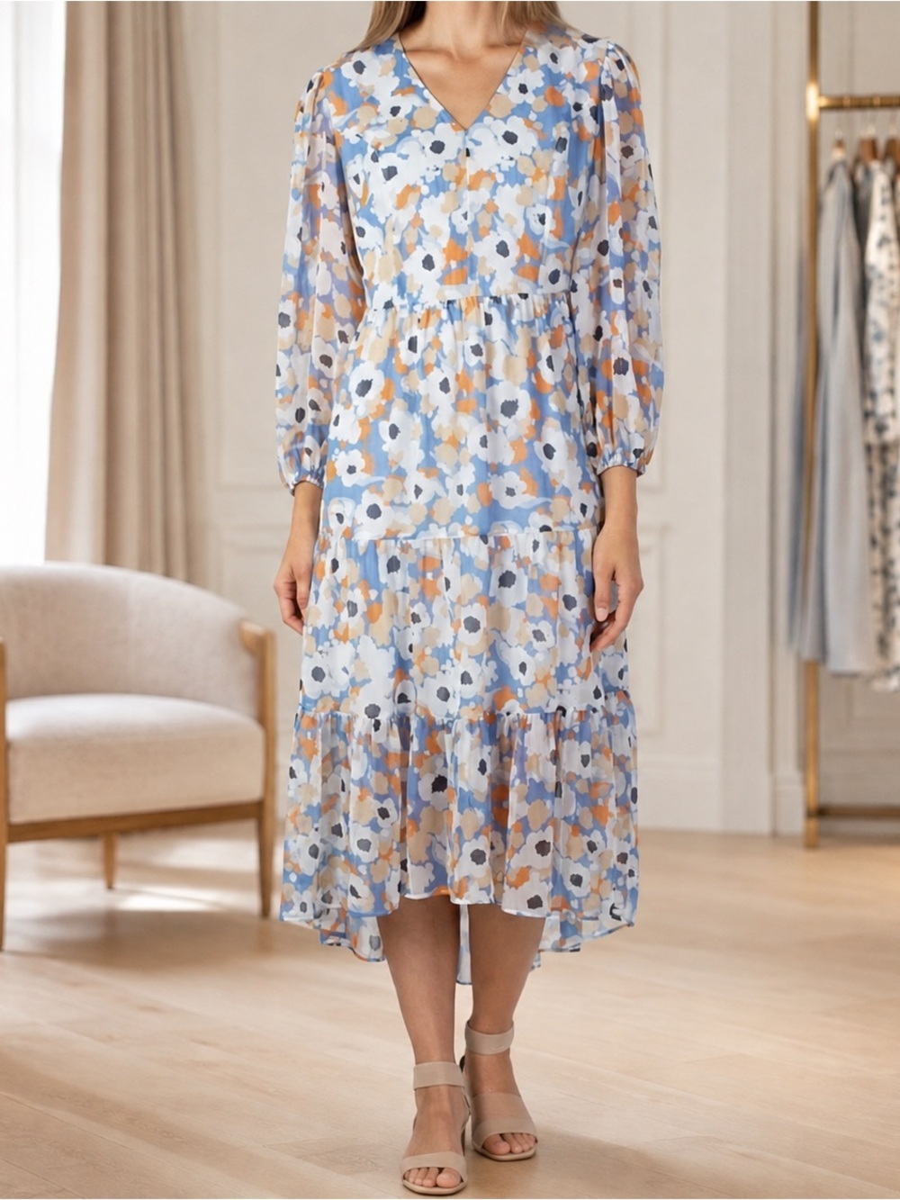 Joie plus size Floral Field V-Neck Tiered Midi Dress in Light Blue NWT
